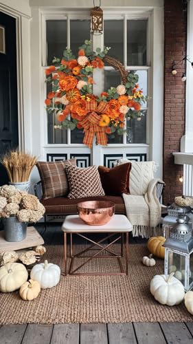 Oairse 60cm/24inch Artificial Fall Half Wreath for Front Door Autumn Wreath with Pumpkin Peony Eucalyptus Chrysanthemum and Ribbon for Halloween Thanksgiving Indoor Outdoor Farmhouse Window Wall Décor - Image 6