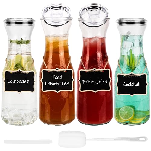 Belle Vous Lot de 4 Carafes à Eau en Verre avec Bouchon - Bouteille Verre 1,1l - Carafe et Pichet pour Boissons Chaudes et Froides - Jus - Thé glacé - Lait...