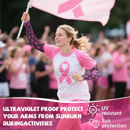 Yxmeiguo Breast Cancer Awareness Arm Sleeves Pink Ribbon Cooling Sun Protection Cover UV Protection Compression Arm Sleeve for Youth Adults Women Men Outdoor Sports Football Baseball, 3 Pairs3