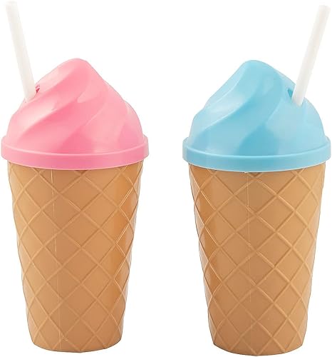 Fun Express 12 tazas en forma de helado con pajitas, capacidad para 14 onzas, plástico sin BPA, suministros para fiestas de cumpleaños, multicolor