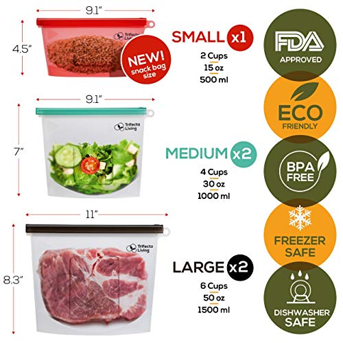 image for Trifecta Living Co. Reusable Silicone Food Bag |(7 Packs) 5 Bags + Reu