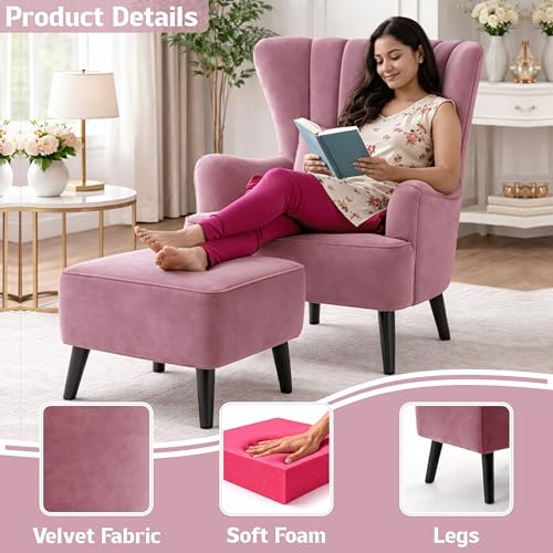 Image of Modern Velvet Wingback Accent Chair with Ottoman & Cushion for Living Room | Premium Upholstered Lounge Chair with Footrest |Rose Pink