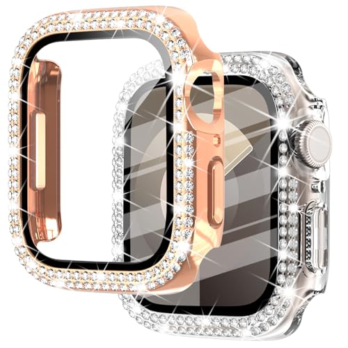 NewWays 2 Pack Compatible with Apple Watch Case 40mm Built-in Screen Protector,Women Diamond Bling Cases for iWatch Series SE(2025-2020) 6 5 4,RoseGold/Clear