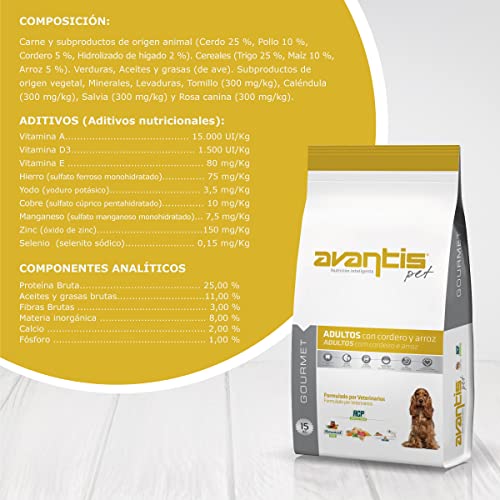 Avantis Pet Gourmet Futter für ausgewachsene Hunde mittlerer und großer Rassen, 15 kg, sehr nährstoffreich mit Lamm und Reis