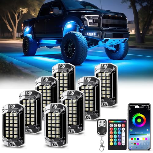 8 Pods Full Angle RGBW LED Rock Lights, 6500K Pure White RGB Rock Light for Jeeps Truck Golf Cart ATV UTV RZR Pickup Underbody, 12V Waterproof Multicolor Underglow Kit with APP/RF Control Sync Music