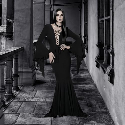 Disfraz Vintage Morticia Addams Negro Vestido Largo Mujer miniatura 7