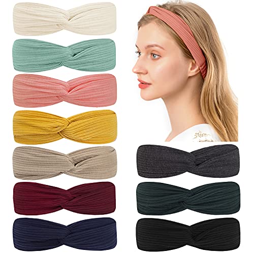 Headbands Soft Knitting 10 Pcs, Elastic Headbands for Girls Women Hair Accessories Solid Color Turban Headbands (10 Colors Set-Yellow Pink Green Beige Coffee Black Gray Red Wine Dark Green Navy Blue)