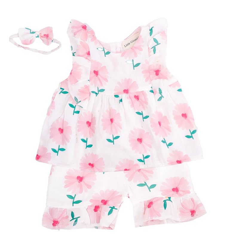 LITTLE GINNIE Cotton Frock for Baby Girls with Bloomers & Hairband - White Floral | Summer Baby Girl Dress