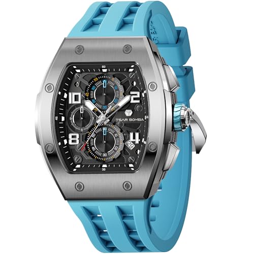 Image of TSAR BOMBA Mens Luxury Watch Watches for Men 50M Waterproof Japanese Quartz Movement Tonneau Stainless Steel Case Sapphire Glass with Chronograph Date Function Cool Unique Fashion Gift