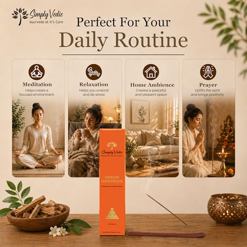 Image of Simply Vedic Luxe Sandalwood Incense Sticks (50 Sticks) Hand Rolled Masala Agarbatti with Holder | Natural Chandan Fragrance for Puja Meditation Daily Use Long Lasting Low Smoke Home Fragrance