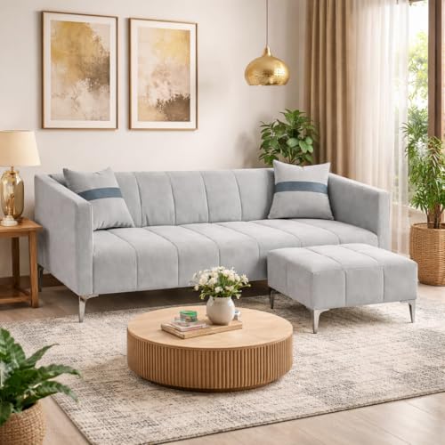 Image of Solomon 4 Seater L Shape Sofa Set with Movable Ottoman | Flexible Left or Right Layout | Luxe Velvet Suede Fabric | Comfortable Seating | Modern Sofa for Living Room - Light Gray