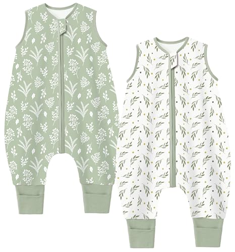 Chilsuessy 2er Pack Baby Sommerschlafsack mit Füßen 0.5 Tog Kleine Kinder Schlafsack mit Beinen 100% Baumwolle Schlafstrampler für Jungen Mädchen, 0.5 Tog/Pflanzen Set, 70cm/Baby Höhe 80-90cm