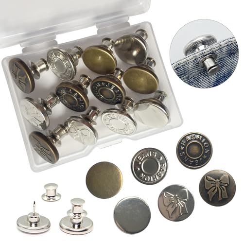 12 Sets Jean Buttons for Loose Jeans, No-Sew Detachable Pant Waist Tightener - Reusable Metal Snap Button Replacement for Women & Men (6 Styles, Adjustable)