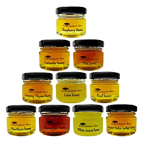 Coffret Cadeau Miels Rares, 10 types de miel naturel sans additifs ni conservateurs. Miel pur et savoureux pour adultes et enfants, 10 pots x 40g, 400g