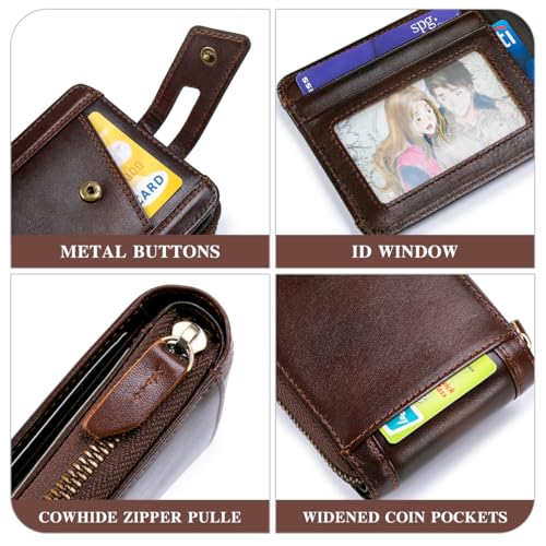 Image of Genuine Leather Wallets for Men with Zipper RFID Blocking Large Capacity Retro Mens Wallet with Coin Pocket ID Window, Brown