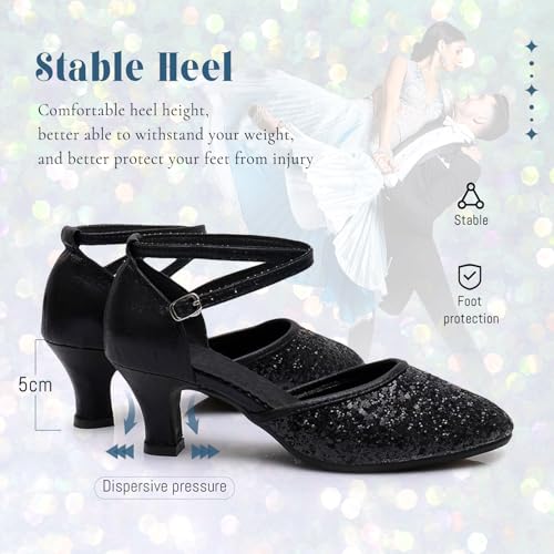 Swdzm AT-DY225-J-BLACK-5-40 Glitter Womens Latin Dance Shoes Heeled Ballroom Salsa Tango Party Practice Performance Dance Shoes Closed Toe,225,Black,Heel 2,Rubber Sole,Us 8.5 thumb #6