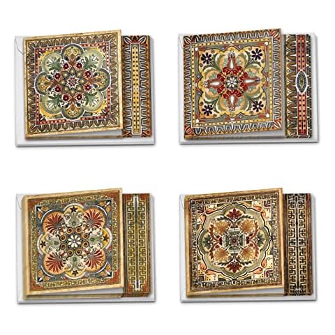 The Best Card Company - 12 Assorted Blank Note Cards (4 x 5.12 Inch) - Boxed All Occasion Notecards Bulk (4 Designs, 3 Each) - Ornate Tiles MQ4609OCB-B3x4 Cover