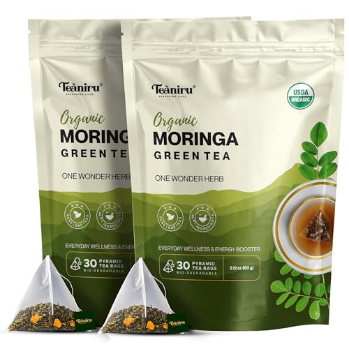 Teaniru Moringa Green Tea – 30 Count (Pack of 2) 60 Pyramid Teabags | Boost Energy & Stamina Naturally | Moringa Oleifera Leaf with Turmeric Bits & Green Tea | Vegan, Gluten Free – Brew it Hot or Cold