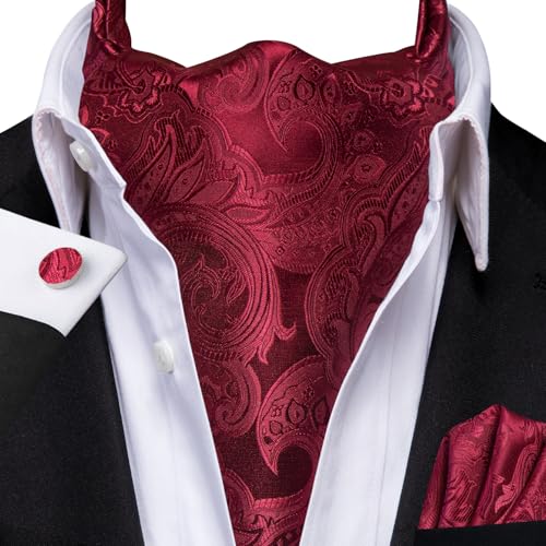 Image of Hi-Tie Silk Ascot for Men Self Tie Men's Cravat and Flower Lapel Pin Handkerchief Cufflinks Set for Wedding Party