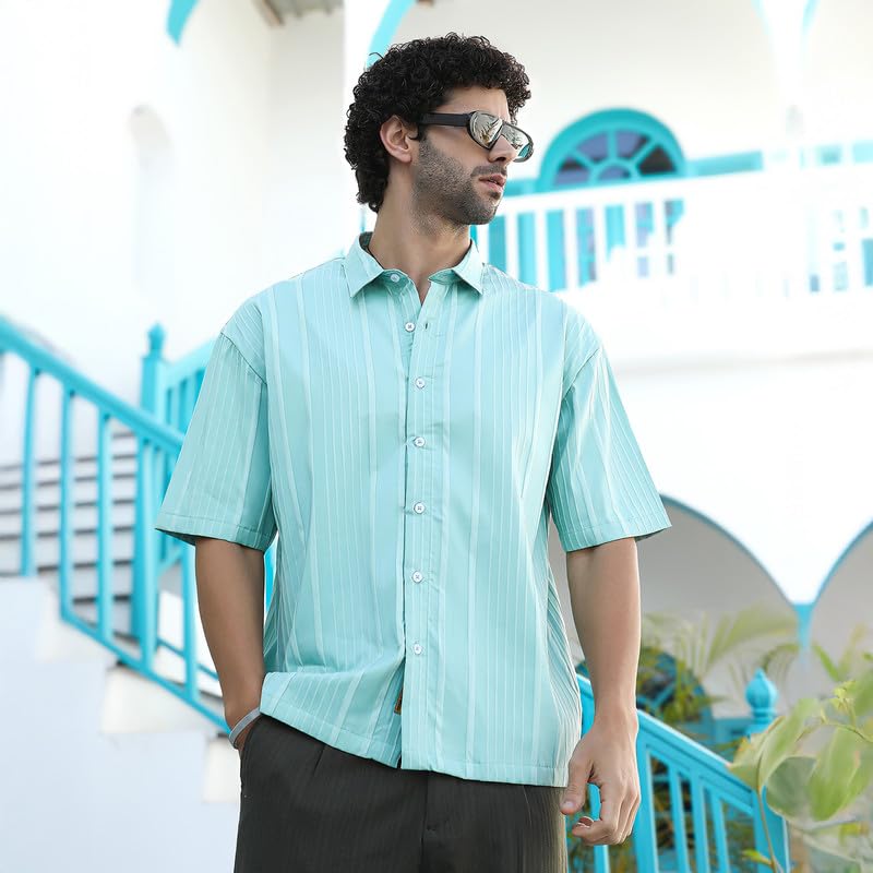 Image of CAHOOT Men's Oversized Shirt for Casual Wear | Cuban Collar | Short Regular Sleeves | Button Closure | Oversized Shirt Crafted with Comfort Fit for Everyday Wear