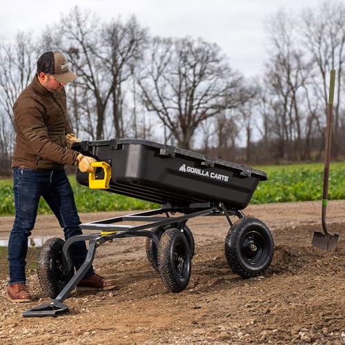Gorilla Carts Heavy-Duty Poly Yard Dump Cart, 12 Cu Ft Tub, 1600 lb Haul Capacity, Black – Towable Utility Wagon with Quick-Release Dumping & Pneumatic Tires for Landscaping and Gardening