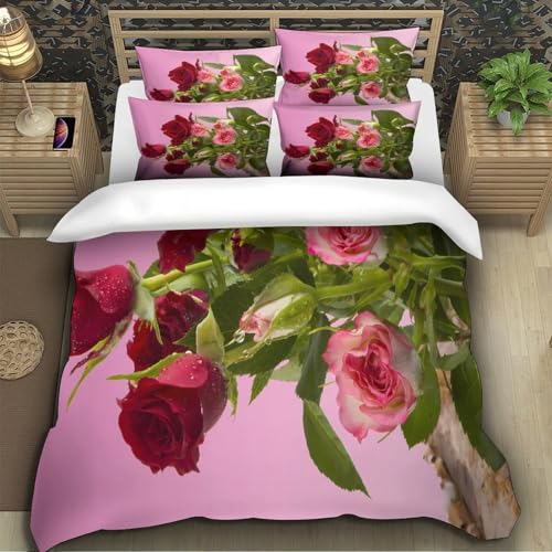 Parure de lit roses rouges 140x200 avec housse de couette en microfibre et taies d'oreiller pour ado