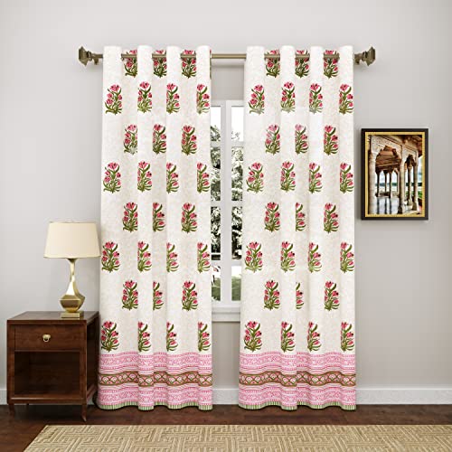 Image of BLOCKS OF INDIA Hand Block Printed Cotton Daylight Semi Sheer Curtains with Eyelets(Set of 2 Curtains) (Flower 3, 7 Feet /Door), Pink