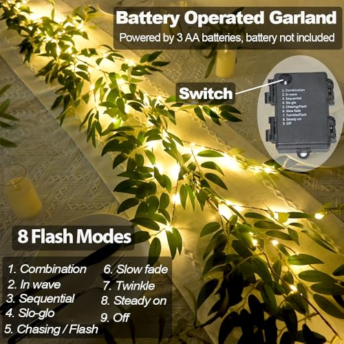 Image of Green Vines Garland with Lights 96 LED Battery Operated with Timer Faux Willow Leaves Twig with Lights Greenery Garlands Decortions for Mantel Fireplace Table Wall Patio Wedding Holiday Home Decor