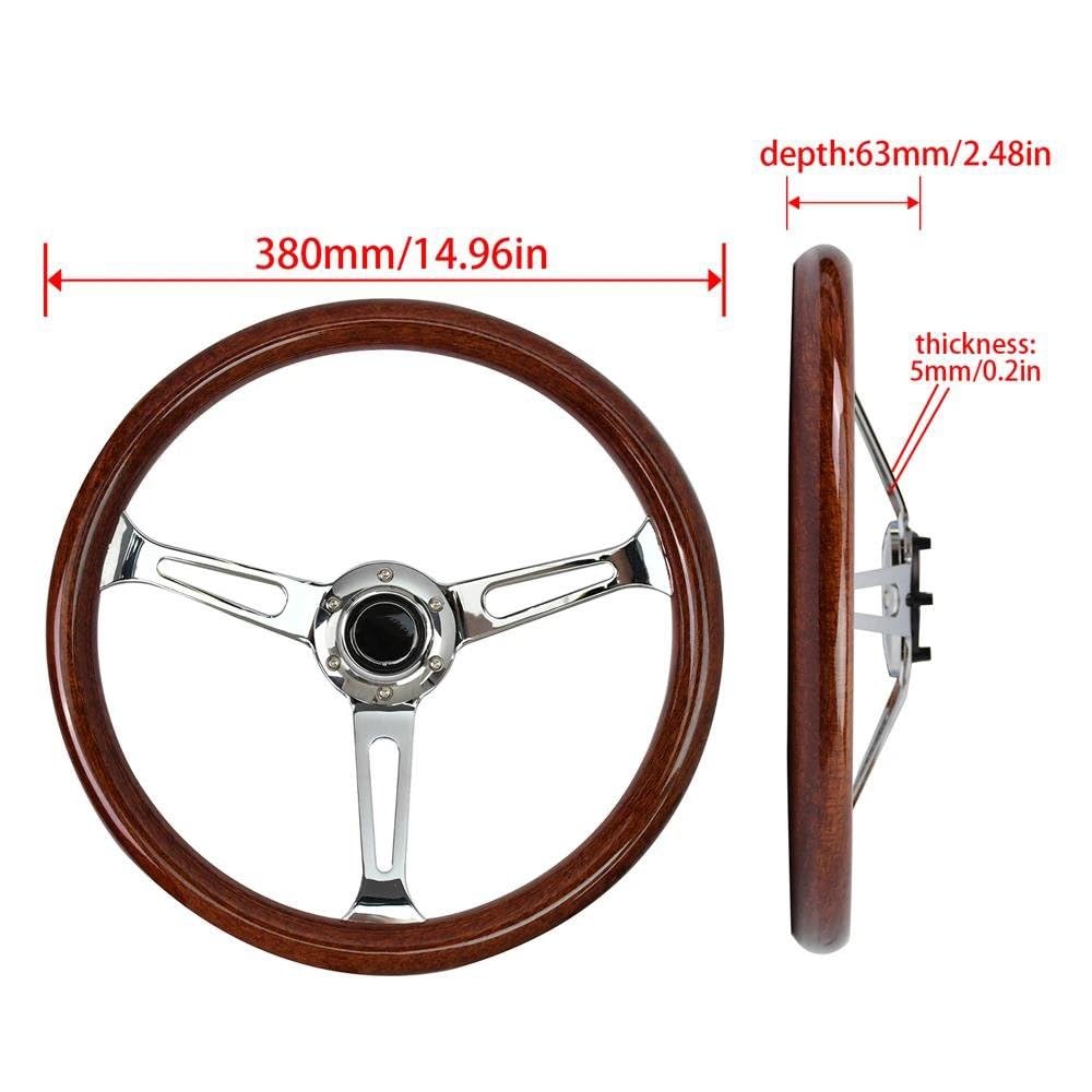 Volante antideslizante Volante Deportivo Universal Clásico 15 Pulgadas 380mm Copia Grano Madera 3 Radios Orificio Largo Con Botón Bocina(GZFXP026-16)