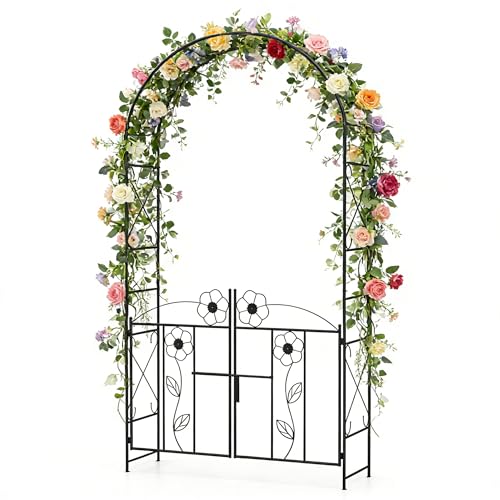 COSTWAY 2-in-1 Garden Arch with Lockable Gate, 90” Metal Arch Trellis for Climbing Plants, Roses, Vines, Heavy-Duty Outdoor Archway for Bridal Party Lawn Wedding Decoration, Black