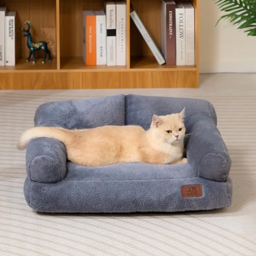 Hollypet Katzenbett Kleines Hundebett, Flauschiges Plüsch Katzensofa für Katzen und Welpen, Weiches Schlafsofa für Haustiere Atmungsaktives Haustierbett, Dunkelgrau