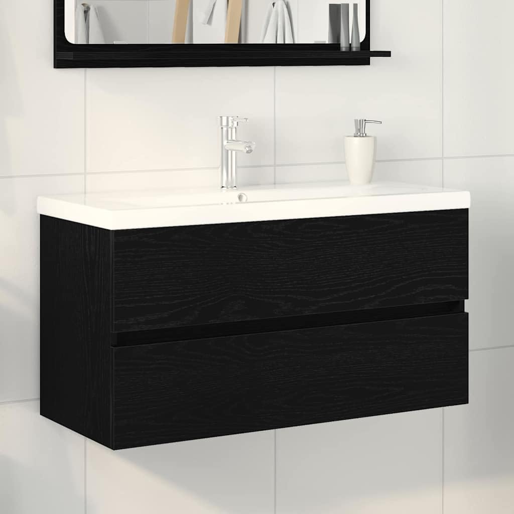 Armario de lavabo de madera de roble negro, 90 x 39 x 62 cm, armario bajo montado en la pared con espacio de almacenamiento para cuarto de baño, moderno mueble de baño con puertas con bisagras