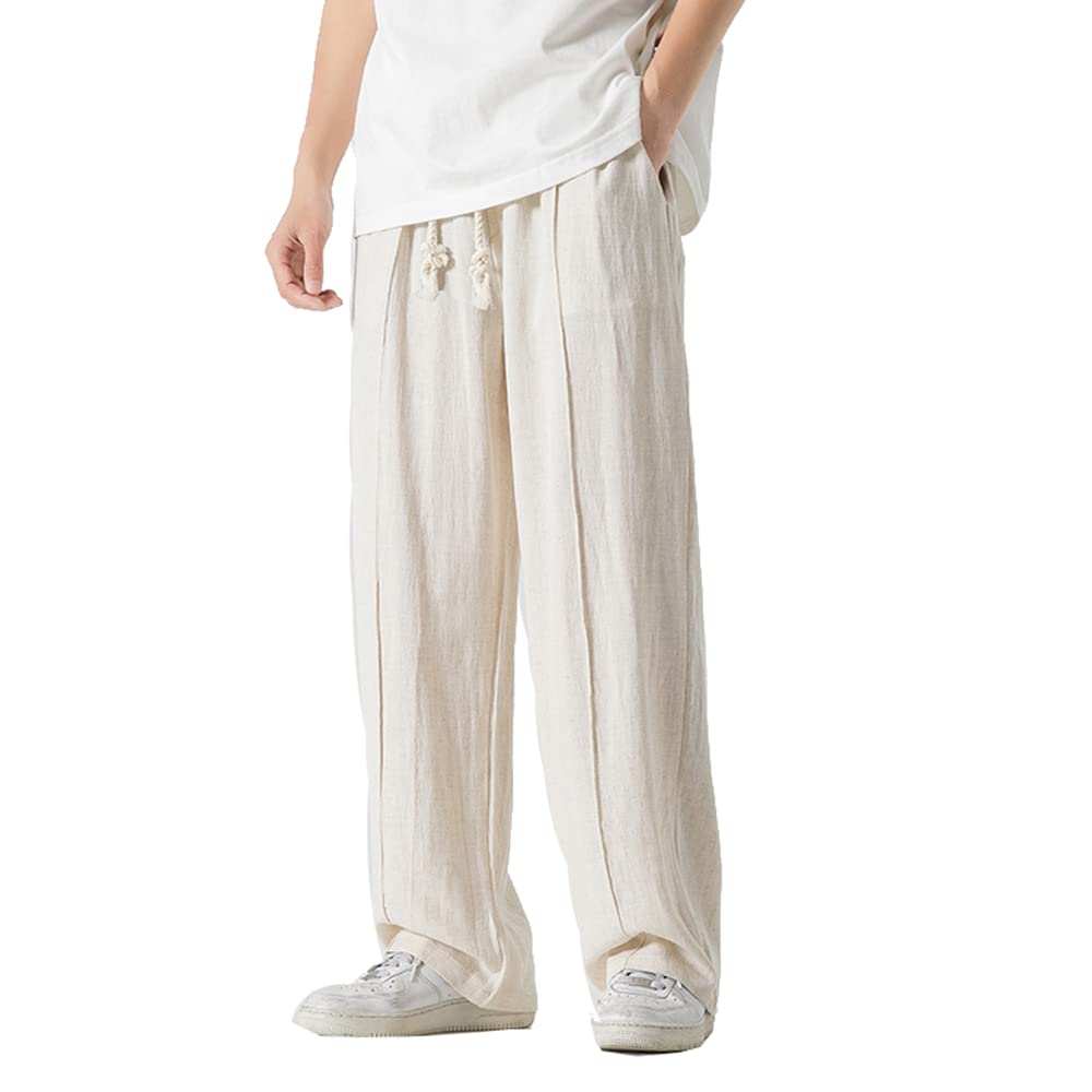 Seidarise Men's Linen Harem Pants Casual Loose Cotton Hippie Yoga Beach Pants Straight Fit Beige