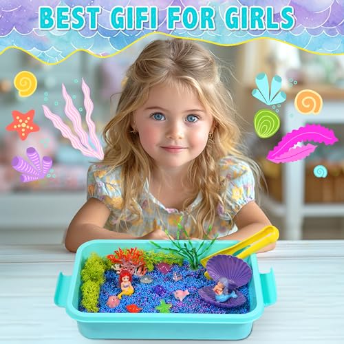 Image of Carolart Mermaid Sensory Bin for Girls, Mermaid Toys, Ocean Sensory Kit | storage bin activity set with sensory foam beasds, ocean sensory gifts for toddlers ages 3-8