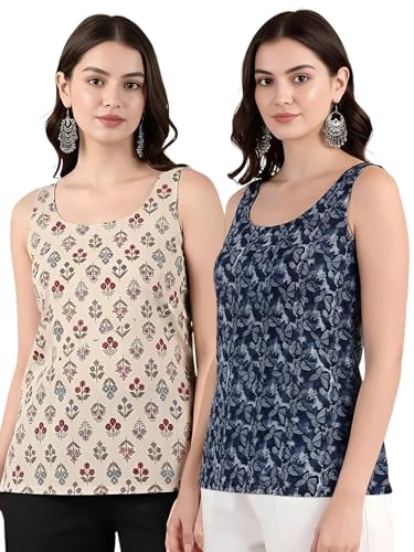 Image of Pinkmint Women Cotton Blend Printed Short Kurti Top (Pack of 2) | Stylish Casual Wear | Sleeveless Top | Back Dori Design | Comfortable Kurta Tops