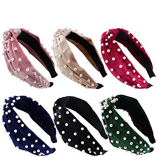 TOBATOBA 6 Pack Velvet Wide Headbands Knot Turban Vintage Headband with Faux Pearl Elastic Hair Hoops Hair Accessories for Women,6 Colors