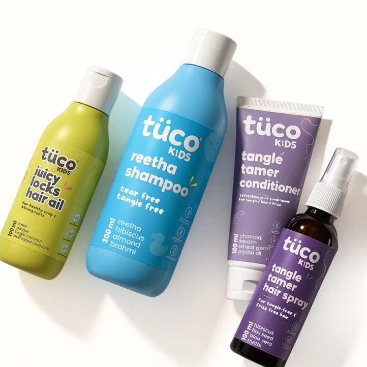 Image of Tuco Kids Haircare Kit for Kids | 4 in 1 Combo | Gentle & Conditioning Shampoo 300ml | Conditioner 100ml | Hair Oil 100ml | Tangle Tamer Spray | SLS & Paraben Free