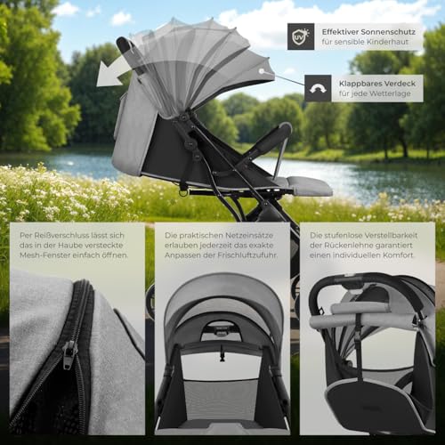 tectake® Buggy Kinderwagen von 0 bis 3 Jahre, Wagen für Baby Erstausstattung Neugeborene und Kinderbuggy mit Sonnenverdeck, einhändig faltbarer Reisebuggy, Reisekinderwagen, Baby Wagen - grau