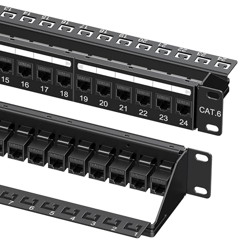 Cable Matters 1U 19-Inch 24-Port 10Gbps Cat6 Ethernet Patch Panel with Inline Keystone and Cable Management Bar, Rackmount or Wall Mount Network Patch Panel