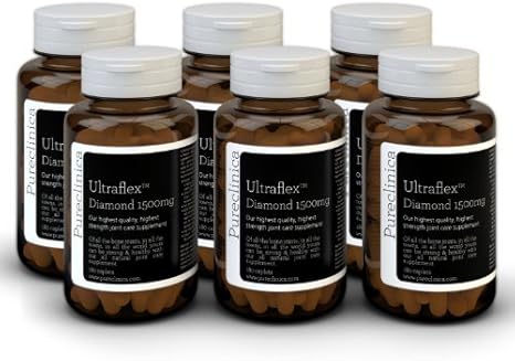Pureclinica UltraFlex Diamond 1500mg 18 months supply. The most potent joint care supplement with Glucosamine HCL 83.1% biologically active, Chondroitin 90% biologically active, marine derived patente