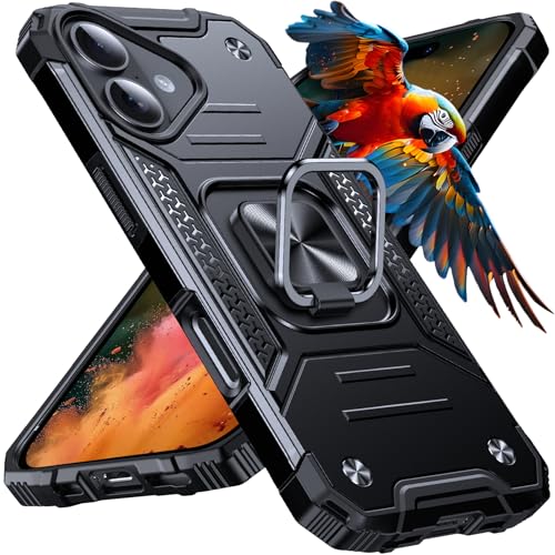 Image of Anqrp Heavy Duty Case for iPhone 16 Case with Enhanced Ring Holder Grip Stand, Military Grade Shockproof Rugged Drop Protective Silicone Hard Slim iPhone 16 Phone Case Cover, Matte Black