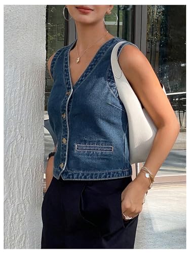 WDIRARA Women's Denim Vest Sleeveless Button Down V Neck Jean Waistcoat Crop Top3