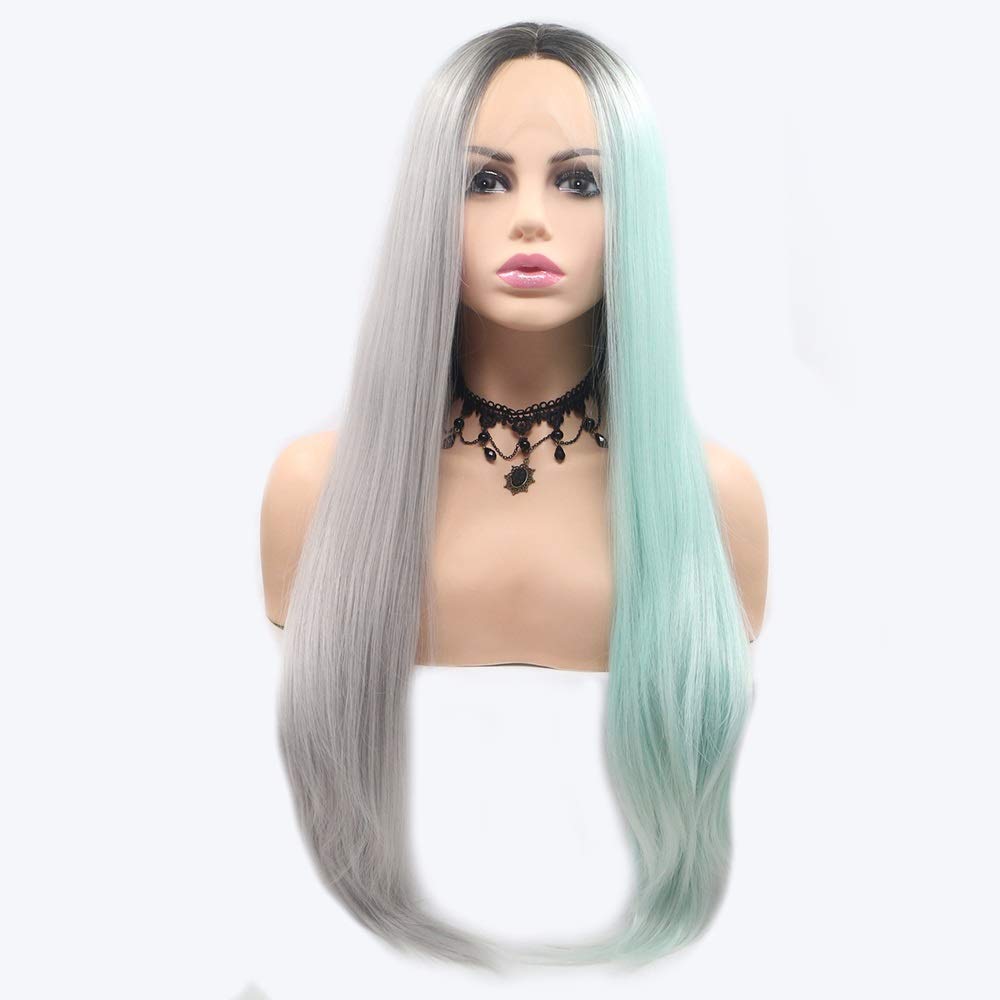 Perruque cheveux raides longs noir gris vert clair avec dentelle faite main