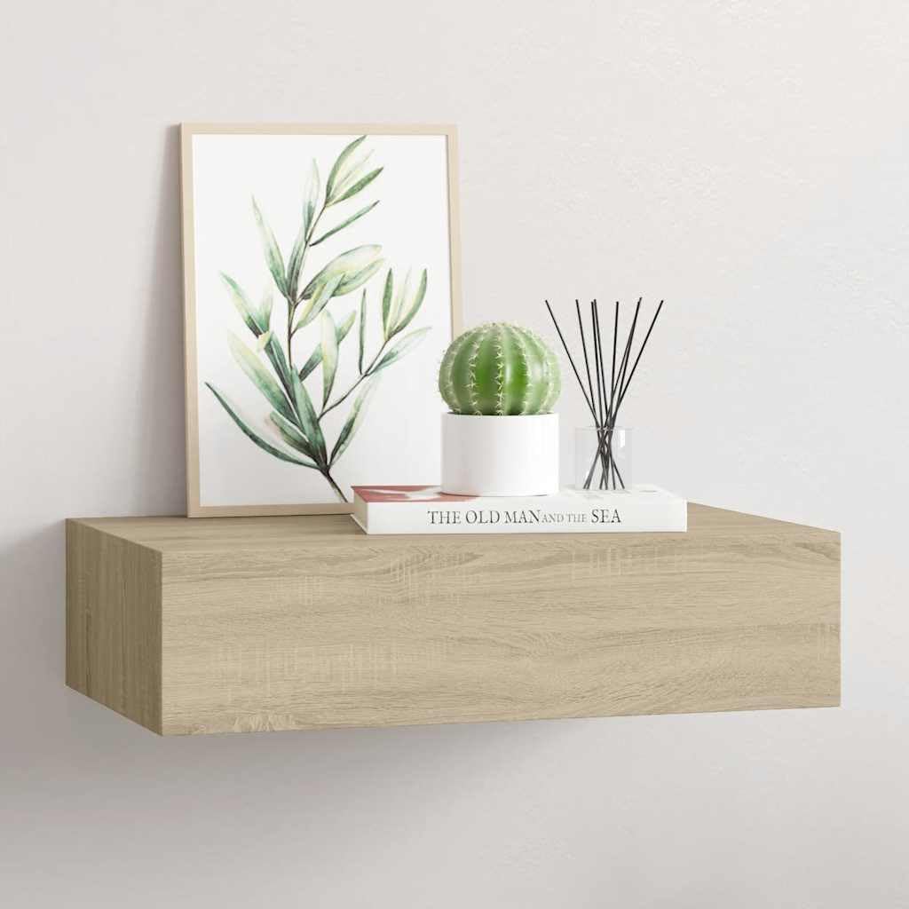 Estantería de pared con cajón, 40 x 23,5 x 10 cm, madera de roble maciza, MDF y metal, pequeño estante flotante para baño, cocina, salón, pasillo