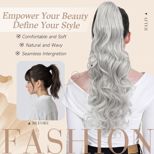 Image of 24 inch Ponytail Extension, Long Curly Wavy Claw Clip and Natural-Looking Synthetic Hairpiece, Voluminous Pony TailHair Extensions for Women Daily Wear. (Silver Grey, 24Inch)