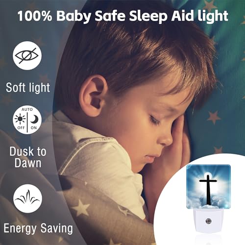 Image of Cross and Blue Sky Night Light for Kids, Sun Cloud Heaven Night Light Plug in with Dusk to Dawn Sensor, 0.5w Energy Saving Sleep Friendly Nightlight for Hallway Stairway Kitchen Bedroom