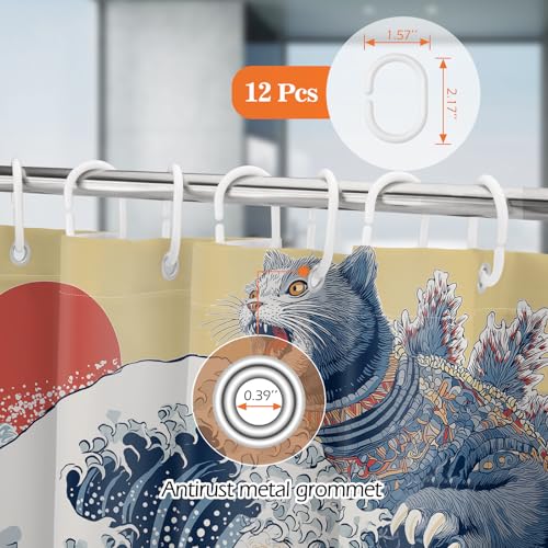 Image of Aimego Funny Cat Shower Curtain Japanese Nautical Anime Ocean Sea Wave Cool Unique Asian Whimsical Humorous Bathroom Decor Bathtub Curtain Fabric Shower Curtain Set with 12 Hooks, 72 inchx72 inch