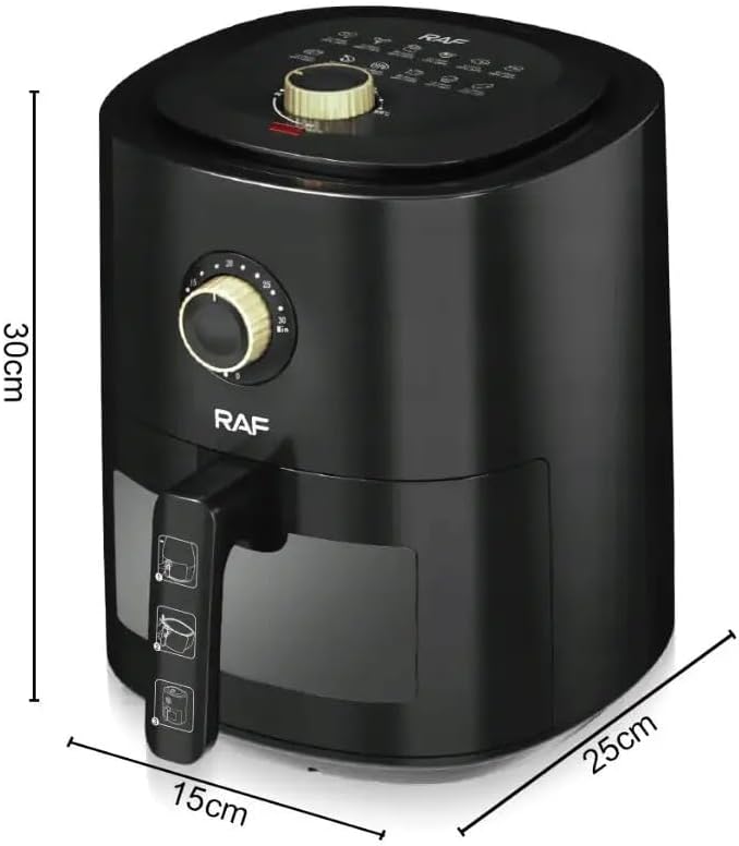 RAF Air Fryer with dimensions indicated: 30cm Depth x 30cm Width x 30cm Height.