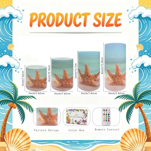 Image of 4PCS Summer Starfish Flameless Candles with Timer Remote Control | Blue OceanColored Light 4H 8H Timer Remote for Wedding Beach Party Coastal Room Decor
