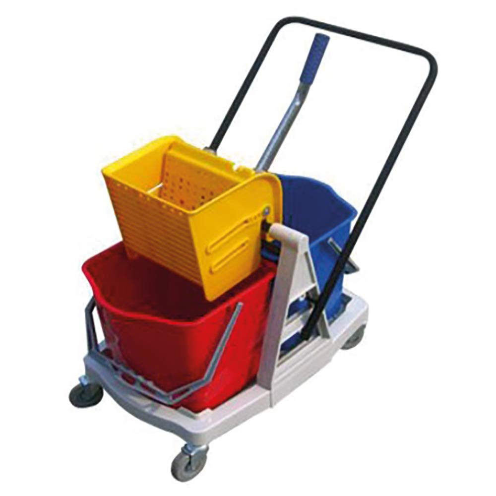 Chariot de nettoyage Le Plus de l'Entretien - Ensemble complet - 2 x 15L + Presse + Monture à plat + 2 franges + Manche - Aluminium - Argent - Intérieur